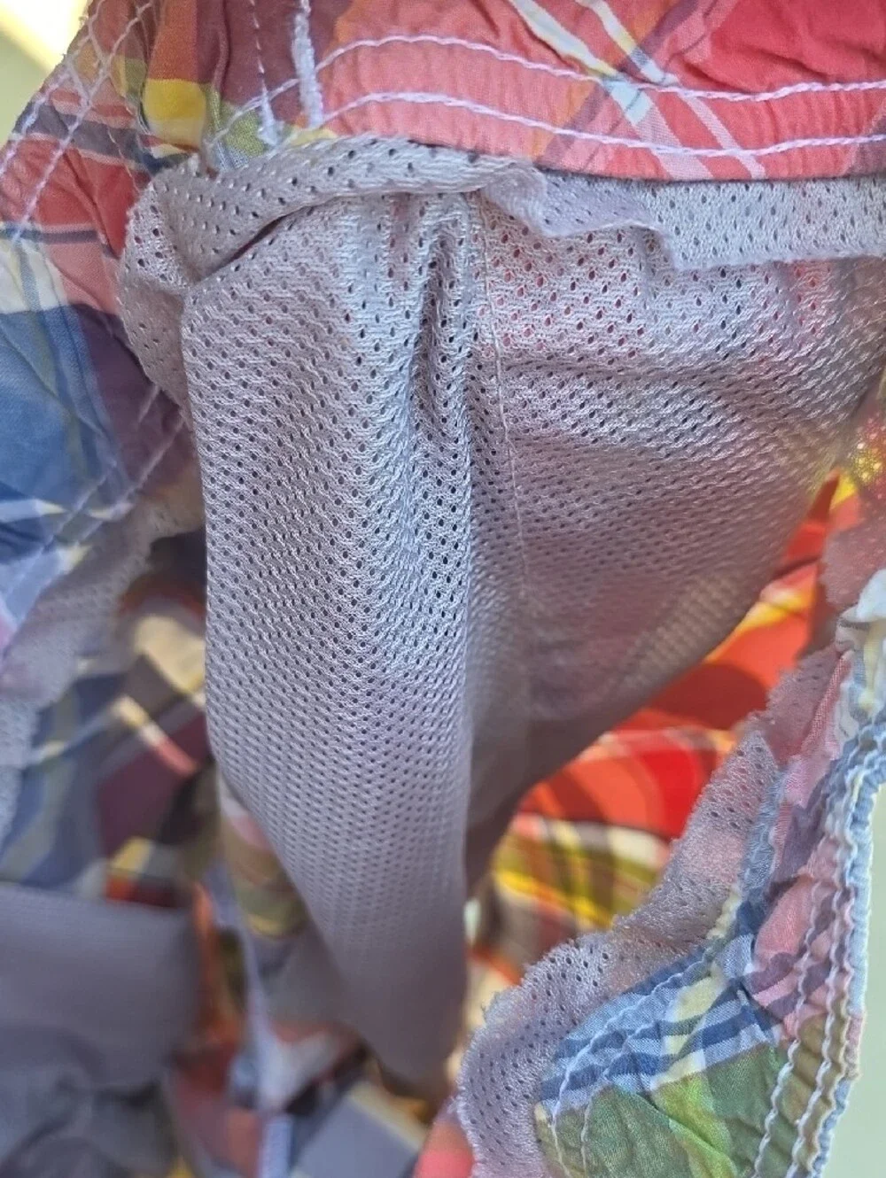 Plaid Drawstring Swim Trunks in Coral, Blue & Yellow